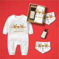 金牛進寶 嬰兒禮盒3件組 長袖連身衣白+三角巾+沐浴露 寶寶姓名客製