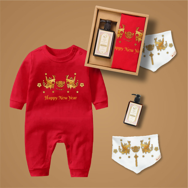 金牛進寶 嬰兒禮盒3件組 長袖連身衣紅+三角巾+沐浴露 寶寶姓名客製