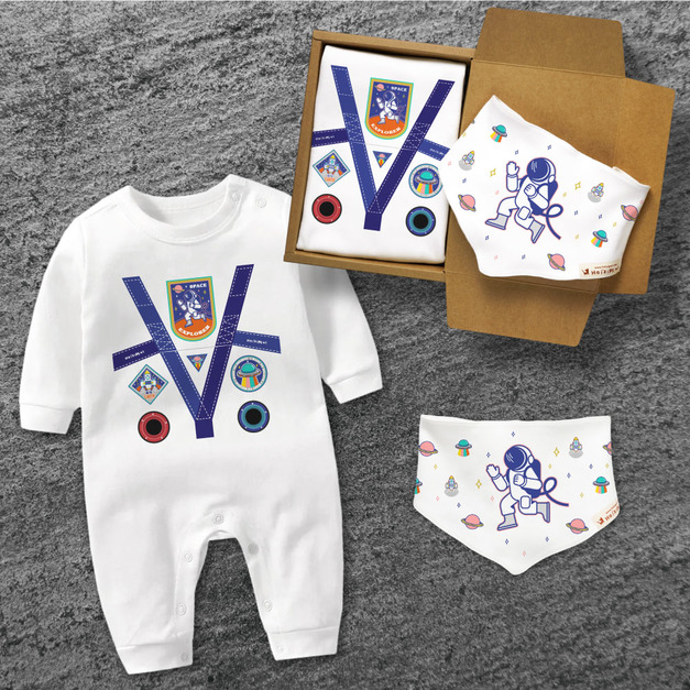 太空人 長袖連身衣 白 2件組禮盒