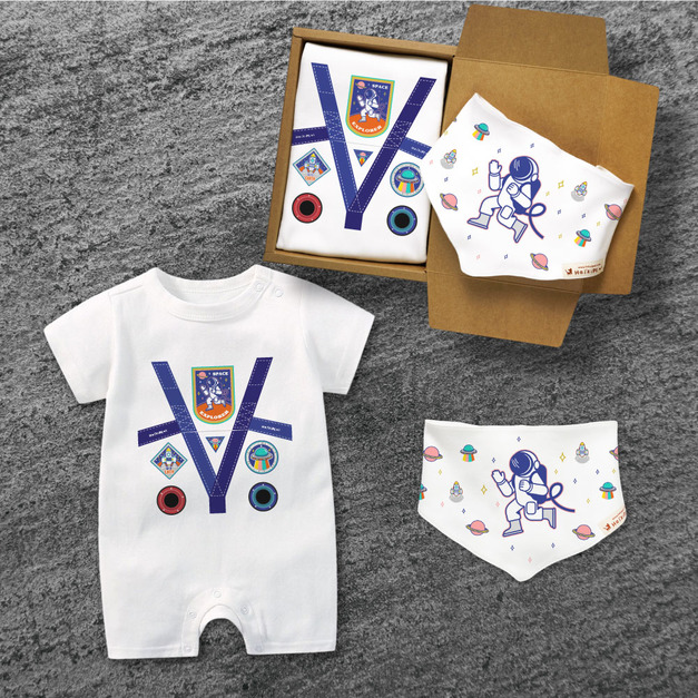 太空人 短袖連身衣 白 2件組禮盒