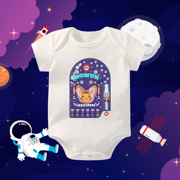 陪你貓太空人彈珠台包屁衣-短袖-白