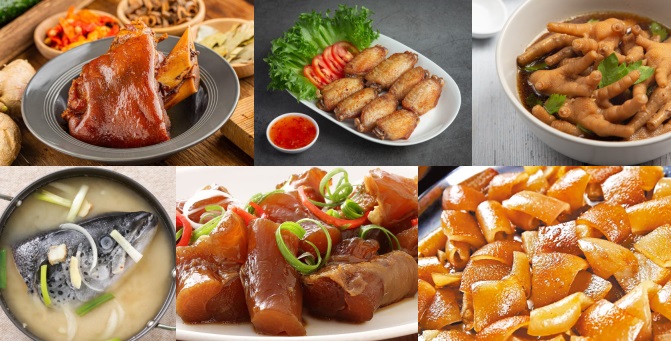 膠原蛋白的食物(動物性食物)  1.豬皮  2.雞爪  3.牛筋  4.魚頭  5.雞翅  6.豬腳