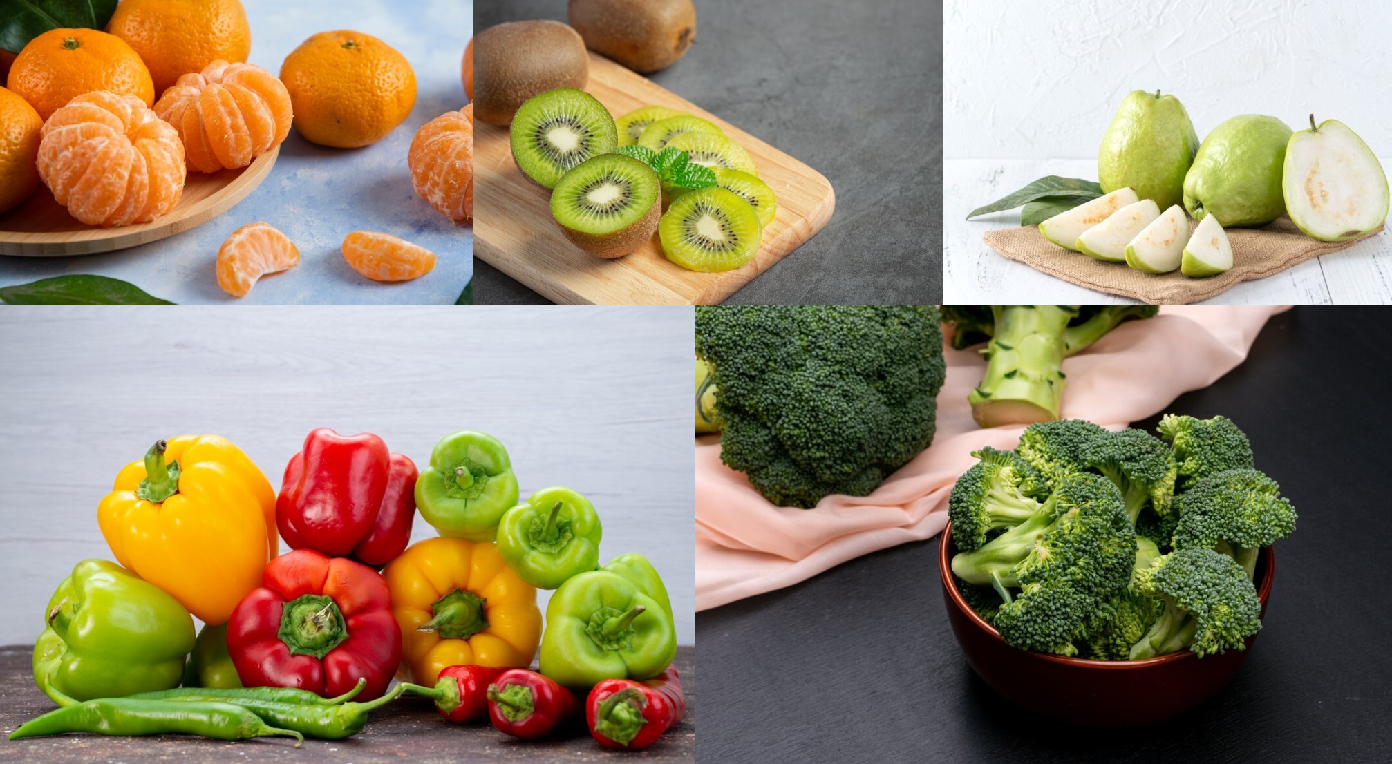 幫助落髮再生  灌注充份的維生素C 頭髮含有大量的膠原蛋白，缺乏膠原蛋白的頭髮容易乾燥、分岔、斷裂，也有可能造成掉髮，而維生素C是合成膠原蛋白不可或缺的小幫手  常見水果來源有：芭樂、柑橘類、奇異果；常見蔬菜來源有：甜椒、青花菜、花椰菜