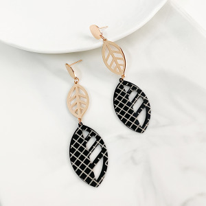 純鋼格紋葉片耳環