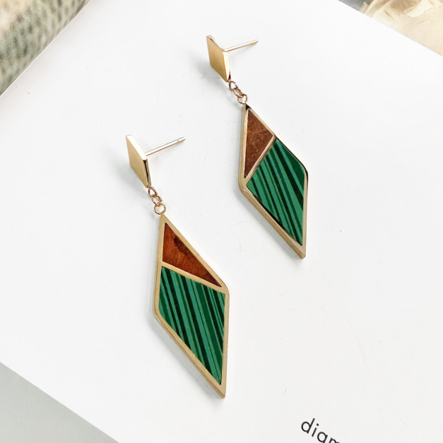 菱形拼接木質耳環