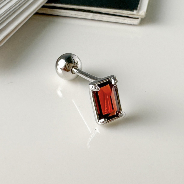 天然石│長方石榴石 ‧ 純銀耳環 (單支)