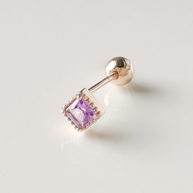 天然石│方鑽紫水晶 ‧ 純銀耳環 (單支)