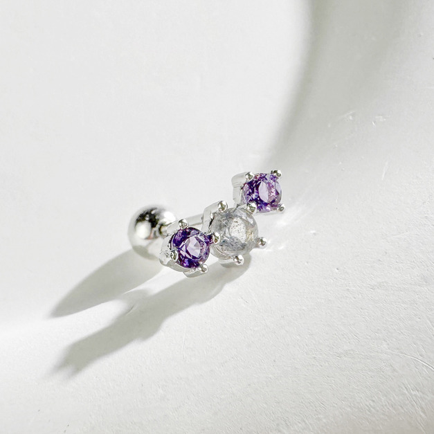 天然石│拉長石 ‧ 紫水晶│星河 ‧ 純銀耳環 (單支)