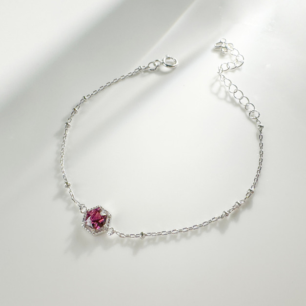 天然石│石榴石璀璨六角鑽 ‧ 純銀手鍊