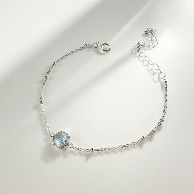 天然石│海藍寶璀璨六角鑽 ‧ 純銀手鍊