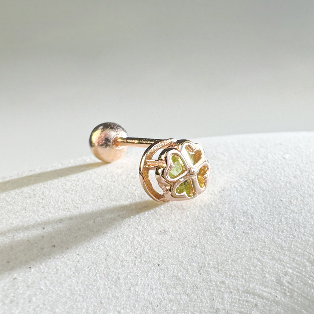 天然石│橄欖石心願幸運草 ‧ 純銀耳環 (單支)