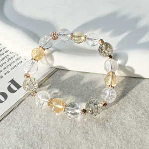 天然石│黑金超七 ‧ 白水晶 ‧ 黃水晶│扭轉錢坤 ‧ 水晶手串