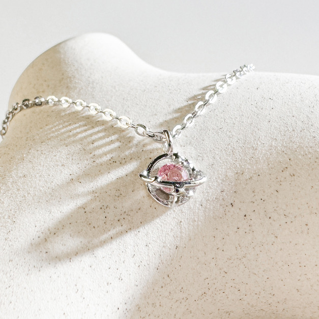 天然石│粉碧璽愛戀星球 ‧ 純銀項鍊