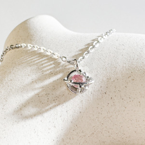 天然石│粉碧璽愛戀星球 ‧ 純銀項鍊