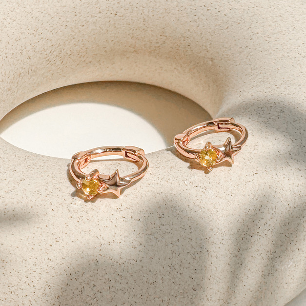 天然石│黃水晶星光圈 ‧ 純銀耳環