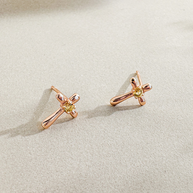 天然石│黃水晶信仰十字架 ‧ 純銀耳環