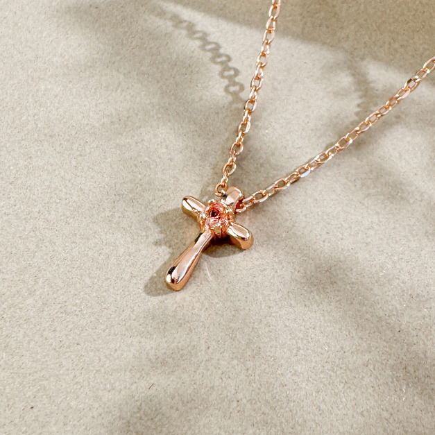 天然石│粉碧璽信仰十字架 ‧ 純銀項鍊