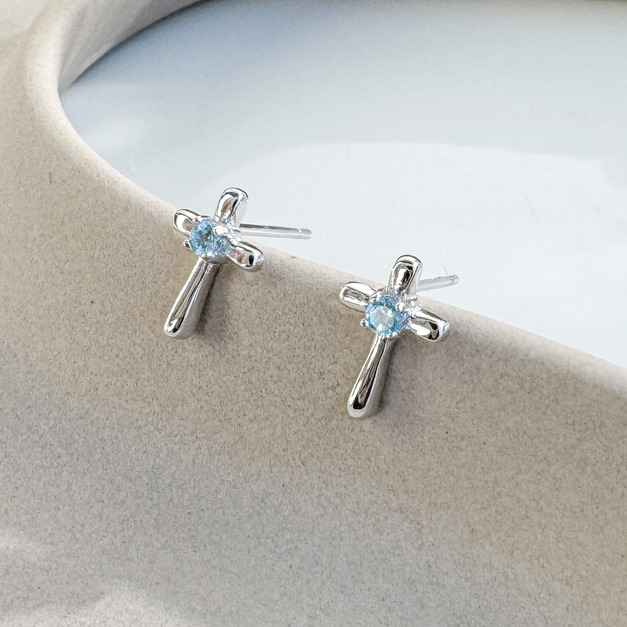 天然石│托帕石信仰十字架 ‧ 純銀耳環
