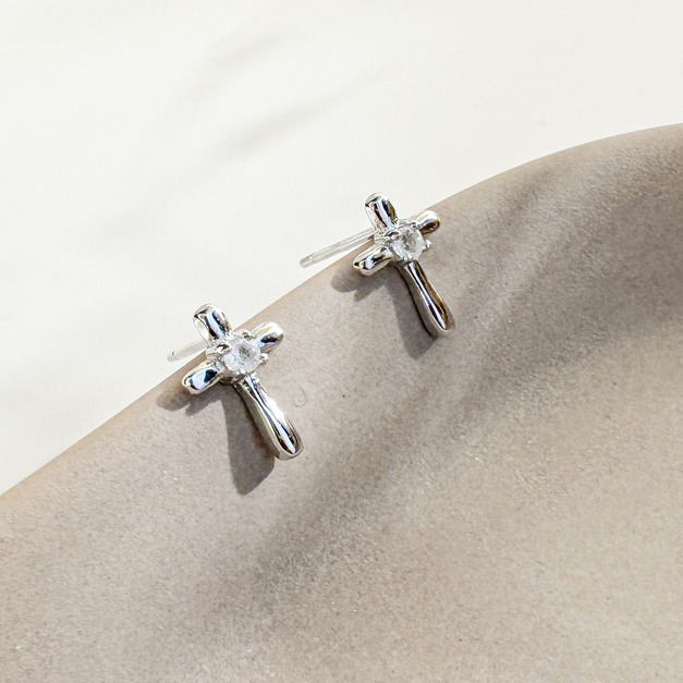天然石│月光石信仰十字架 ‧ 純銀耳環