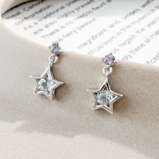 天然石│堇青石 ‧ 托帕石│星空舞曲 ‧ 純銀耳環