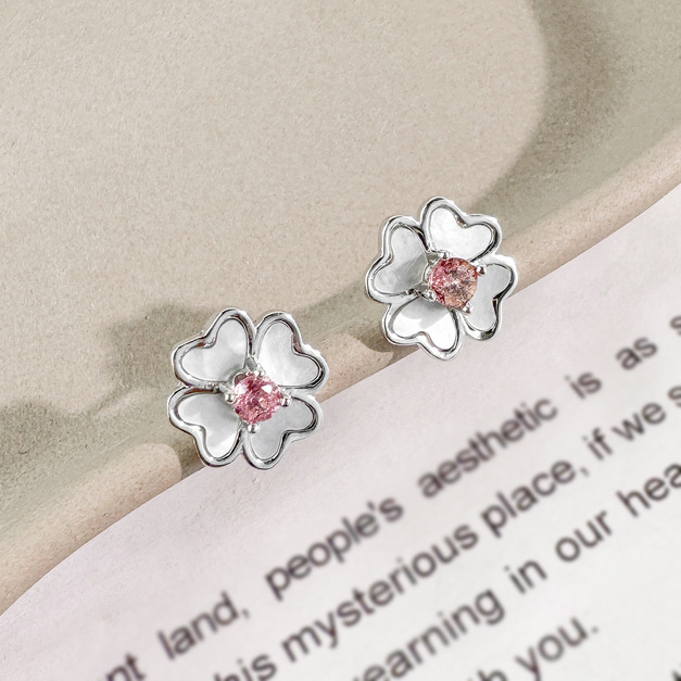 天然石│粉碧璽四葉草 ‧ 純銀耳環