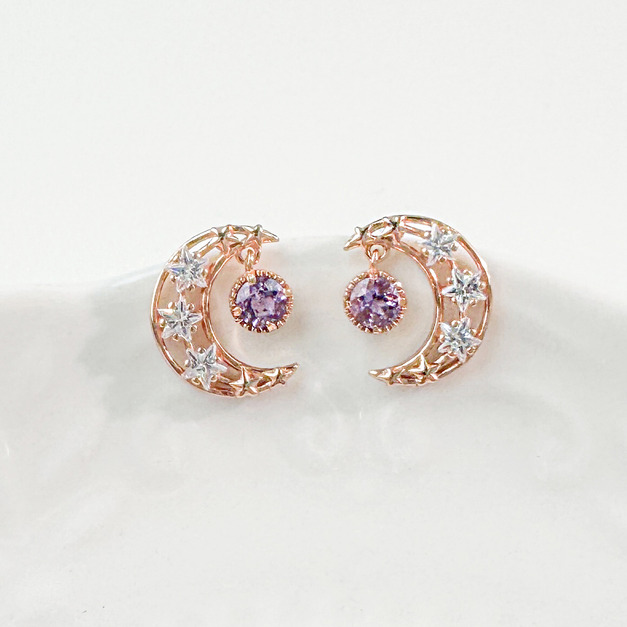 天然石│紫水晶星月交輝 ‧ 純銀耳環