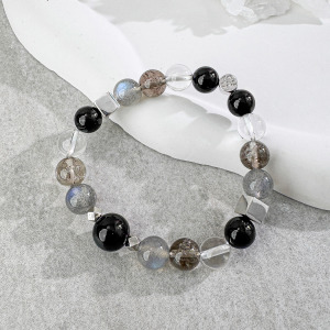 天然石│黑碧璽 ‧ 拉長石 ‧ 茶水晶 ‧ 白水晶│夜影沉光 ‧ 水晶手串