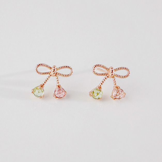 天然石│橄欖石 ‧ 粉碧璽│真愛蝴蝶結 ‧ 純銀耳環