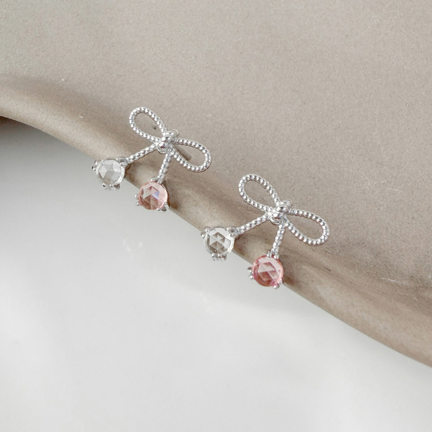 天然石│托帕石 ‧ 粉碧璽│真愛蝴蝶結 ‧ 純銀耳環