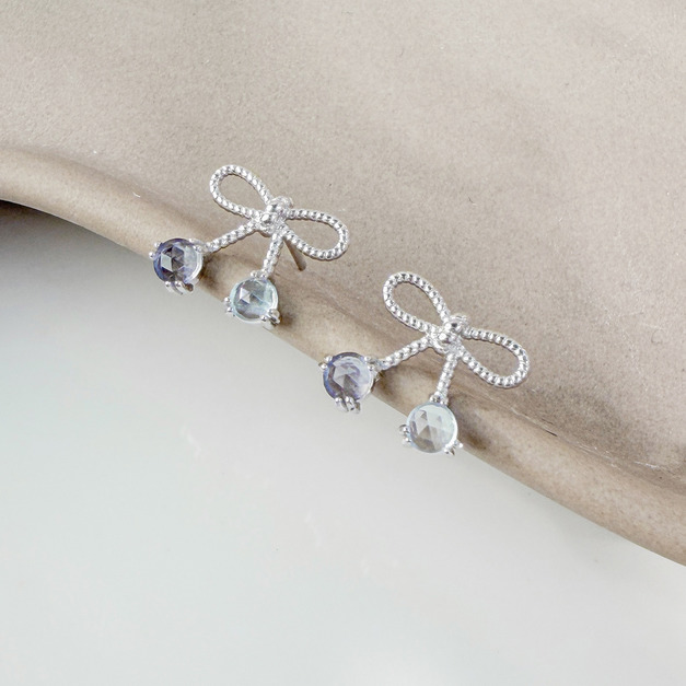 天然石│堇青石 ‧ 托帕石│真愛蝴蝶結 ‧ 純銀耳環