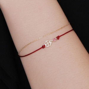 天然石│粉碧璽幸運草紅線 ‧ 純銀手鍊