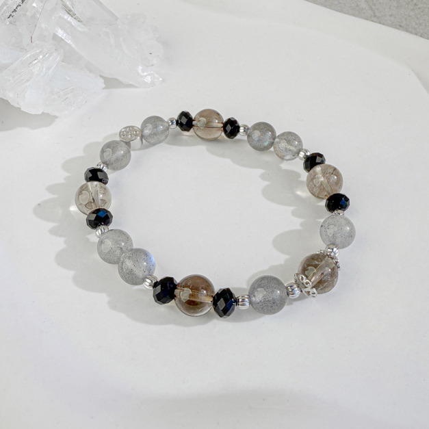 天然石│茶水晶 ‧ 拉長石 ‧ 黑碧璽│守護之王 ‧ 水晶手串