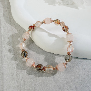 天然石│粉水晶 ‧ 黑金超七 ‧ 紅膠花│豐收冠冕 ‧ 水晶手串