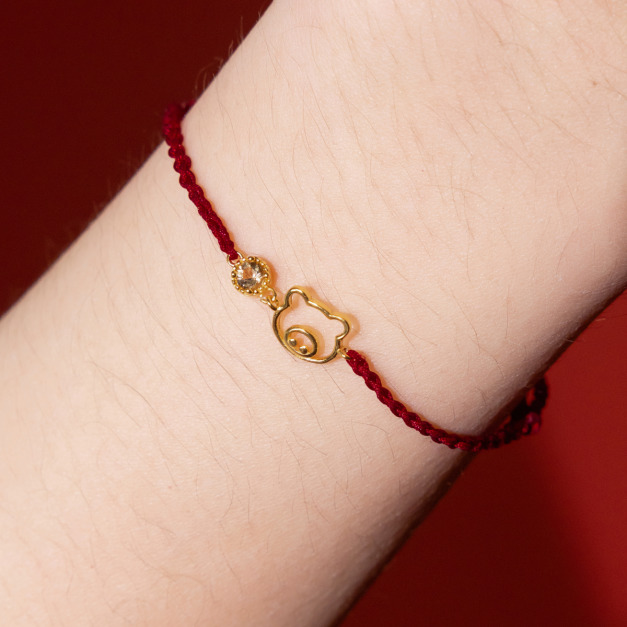 天然石│十二生肖│黃水晶圓滿豬紅線 ‧ 純銀手鍊