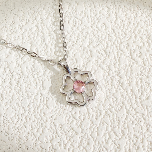 天然石│粉碧璽守護幸運草 ‧ 純銀項鍊