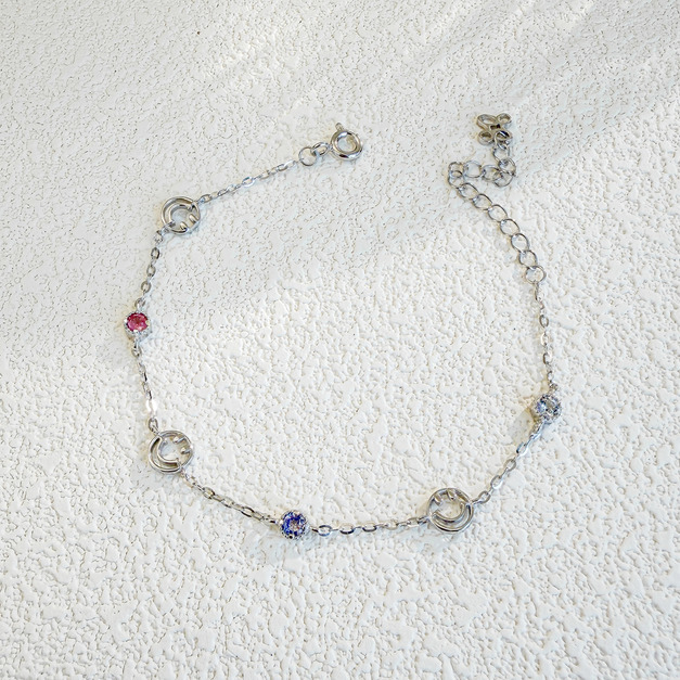 天然石│粉碧璽 ‧ 坦桑石 ‧ 海藍寶│鏤空微笑 ‧ 純銀手鍊