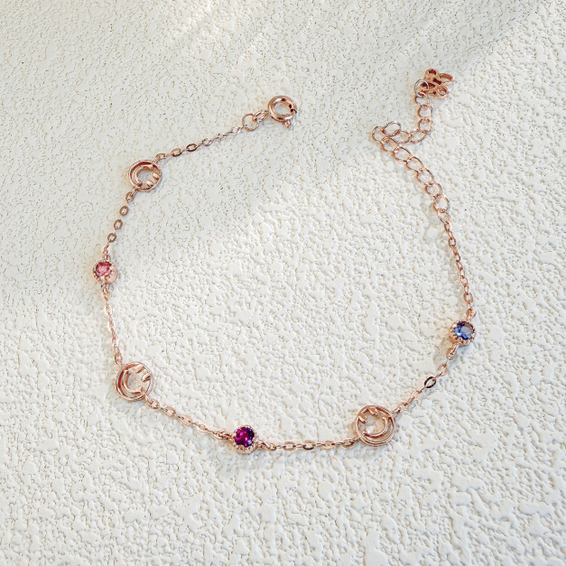 天然石│粉碧璽 ‧ 石榴石 ‧ 坦桑石│鏤空微笑 ‧ 純銀手鍊