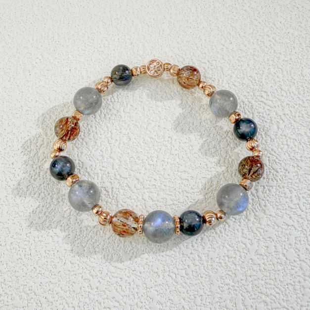 天然石│拉長石 ‧ 黑骨幹 ‧ 黑金超七│時空之心 ‧ 水晶手串