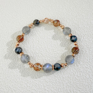 天然石│拉長石 ‧ 黑骨幹 ‧ 黑金超七│時空之心 ‧ 水晶手串