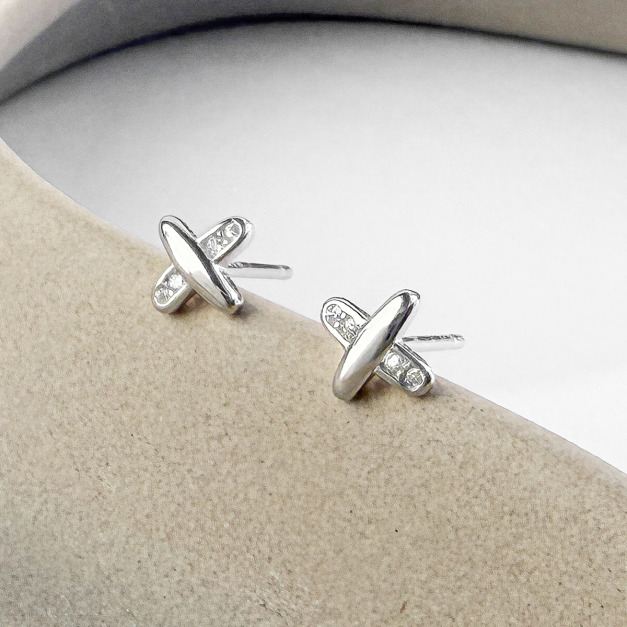 交叉小鑽 ‧ 純銀耳環