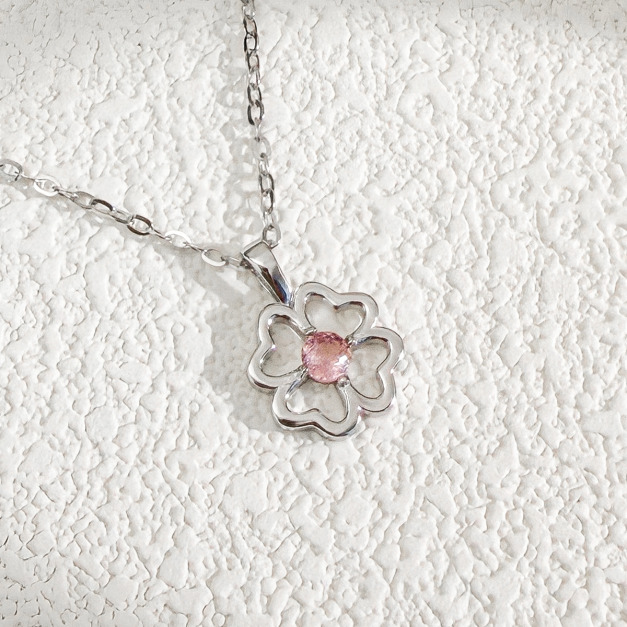 天然石│粉碧璽守護幸運草 ‧ 純銀項鍊