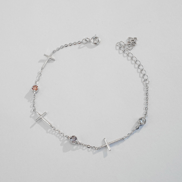 天然石│粉碧璽 ‧ 堇青石 ‧ 海藍寶│不朽十字架 ‧ 純銀手鍊