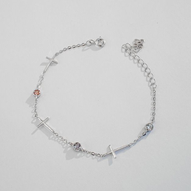 天然石│粉碧璽 ‧ 堇青石 ‧ 海藍寶│不朽十字架 ‧ 純銀手鍊