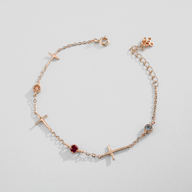 天然石│粉碧璽 ‧ 石榴石 ‧ 堇青石│不朽十字架 ‧ 純銀手鍊