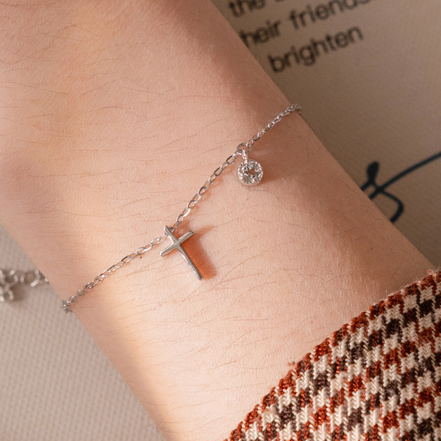 天然石│托帕石守護十字架 ‧ 純銀手鍊