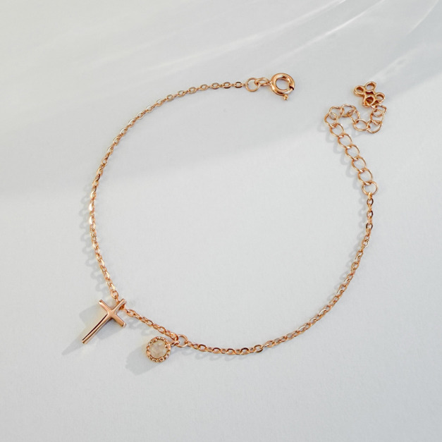 天然石│月光石守護十字架 ‧ 純銀手鍊