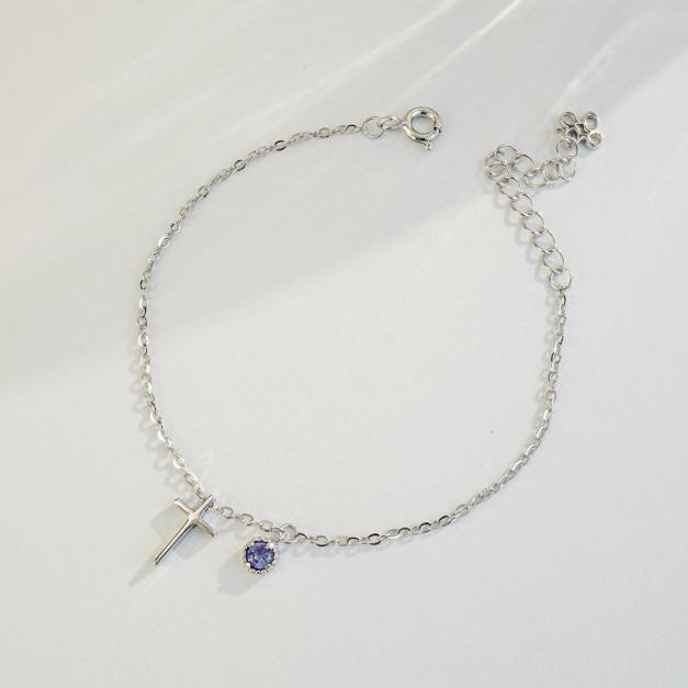 天然石│坦桑石守護十字架 ‧ 純銀手鍊