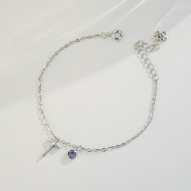 天然石│坦桑石守護十字架 ‧ 純銀手鍊