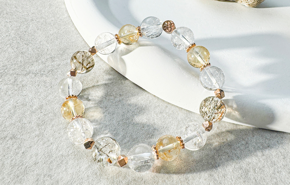 天然石│黑金超七 ‧ 白水晶 ‧ 黃水晶│扭轉錢坤 ‧ 水晶手串