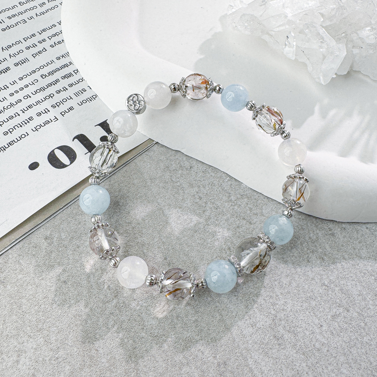 天然石│黑金超七 ‧ 海藍寶 ‧ 月光石│海洋練習曲 ‧ 水晶手串